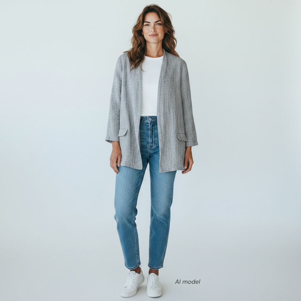 Eileen Fisher Jacket Women XL Ticking Stripe Organic Cotton Linen Open Lagenlook